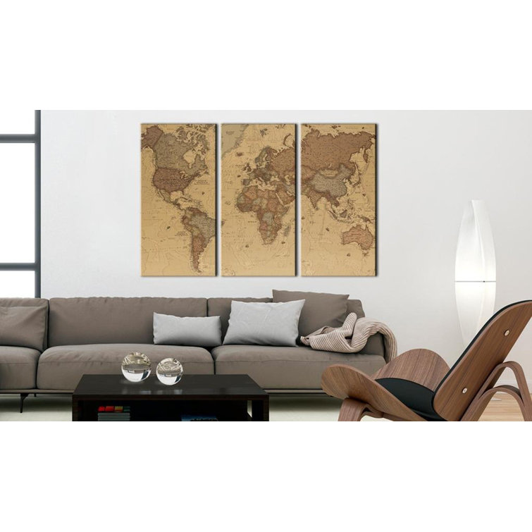 17 Stories Stylish World Map On Canvas 3 Pieces Print Wayfair